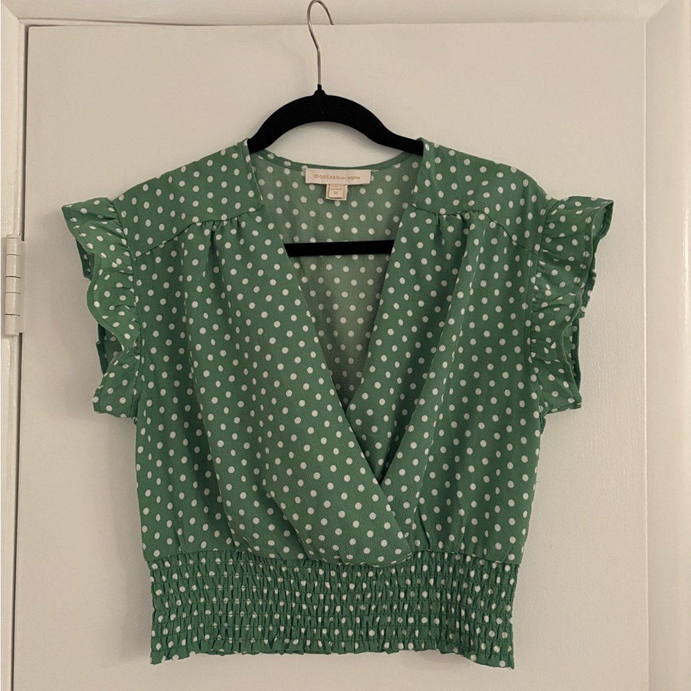 Monteau Green Flutter Sleeve Wrap Blouse